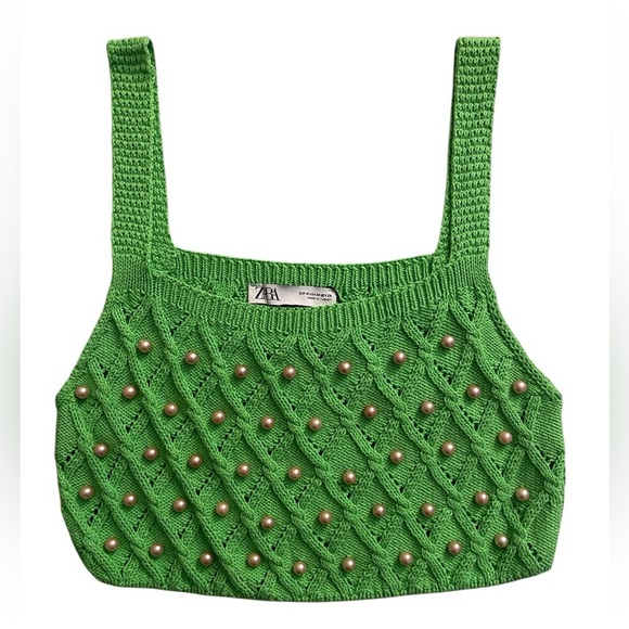 Zara Green Cropped Pearl Knit Sweater Top Clueless Preppy Fall Winter Y2K Style - Picture 2 of 10